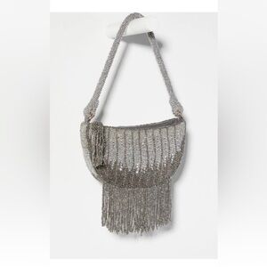 By Anthropologie Mini Half Moon Silver Beaded Mini Bag